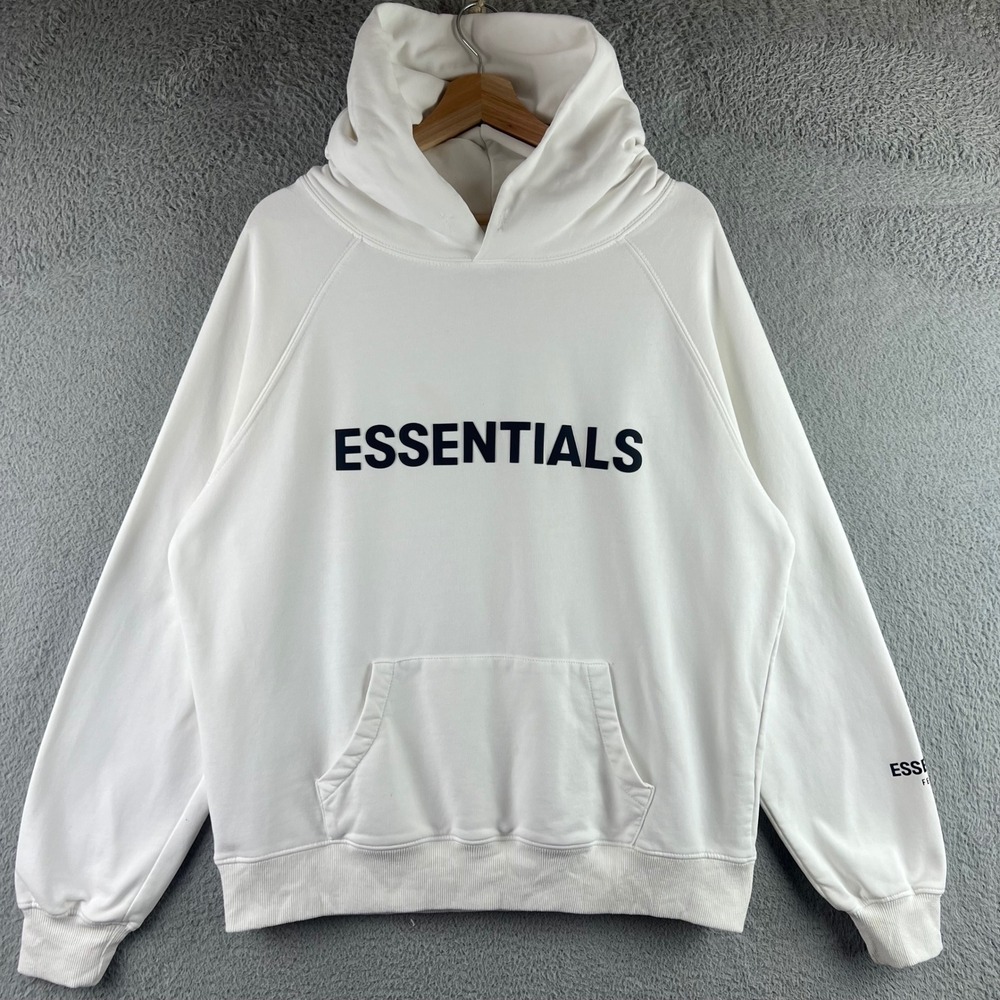Fear of God Essentials Mens Logo Hoodie White Cotton Sweatshirt Small